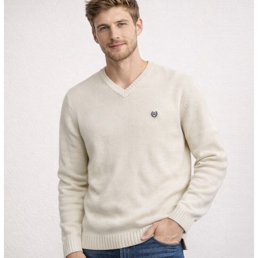 Chaps Men’s V-Neck Sweater Ivory Cream 100% Cotton Logo Size Large NWT